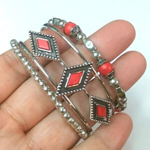 New Diamondback Stack Silver Red Layered Cuff and Stretch Women's Bracelet Set